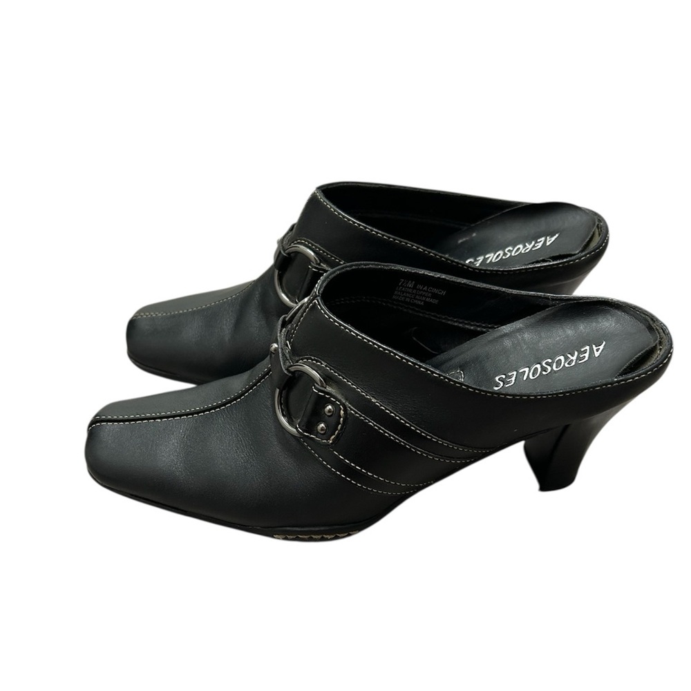 AEROSOLES Cheryl Black Leather Clogs Buckle Comfort Shoes 7.5